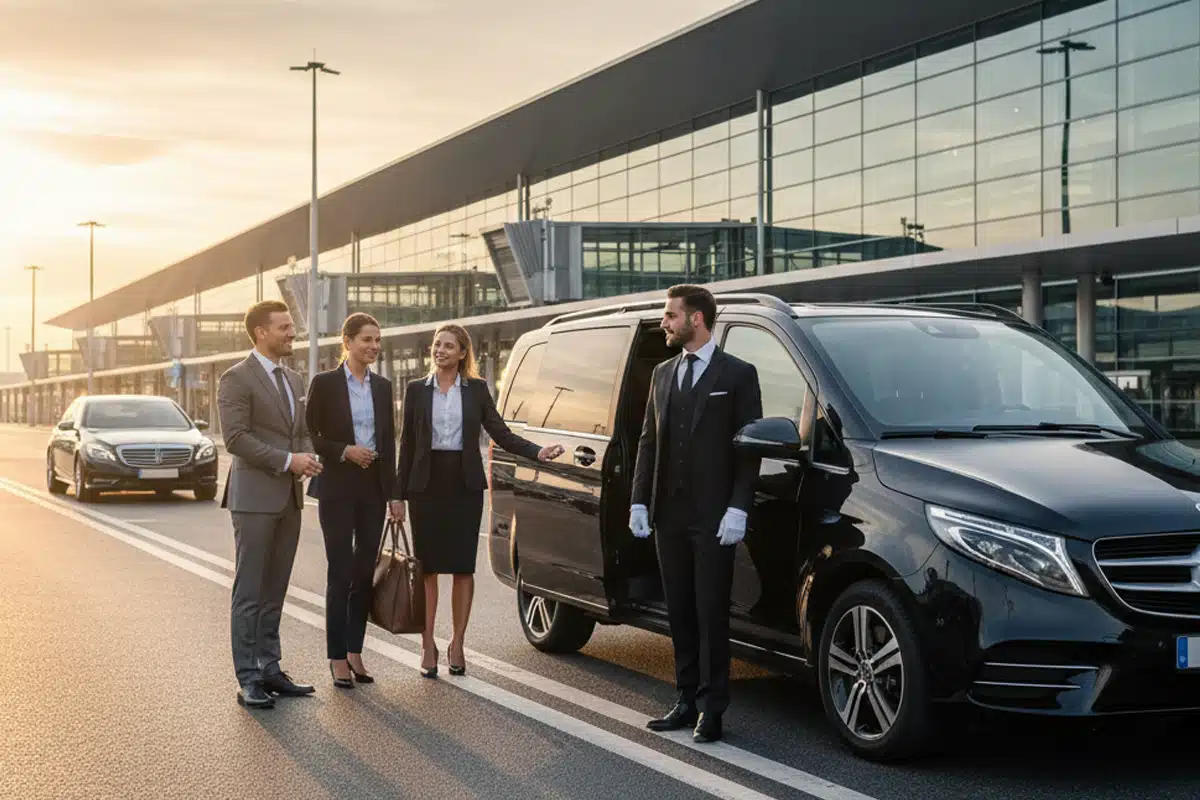 Chauffeur accueillant des clients devant un van Mercedes à l'aéroport